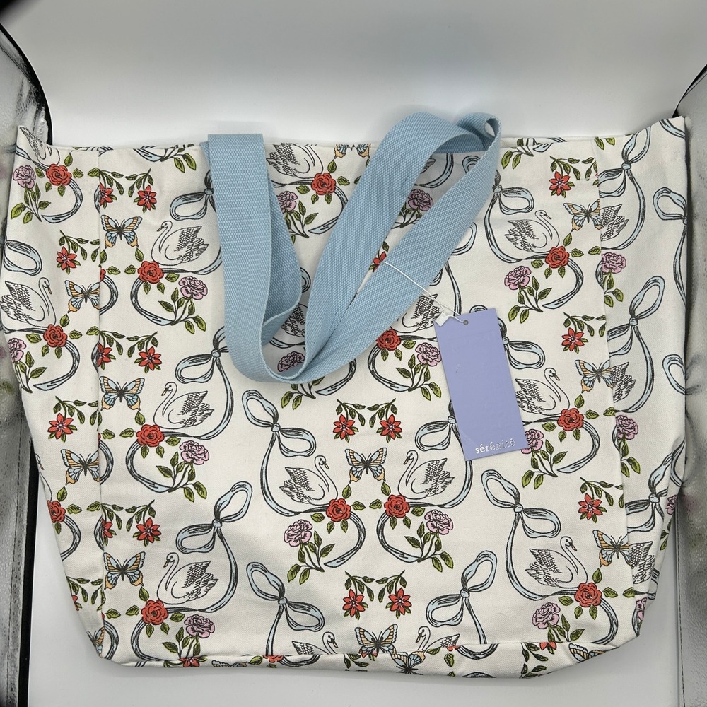 Serenite Large Tote Bag White Canvas Floral Swan Butterfly 100% Cotton NWT - Picture 1 of 14